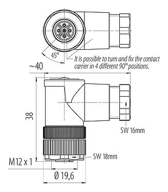 Dessin coté M12 Connecteur femelle coudé, Contacts: 5, 6,0-8,0 mm, non blindé, pince à visser, IP67, UL 2238, PG 9