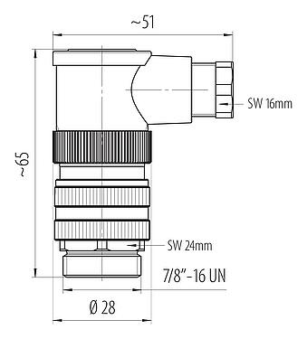 Dessin coté 7/8" Connecteur mâle coudé, Contacts: 3+PE, 6,0-8,0 mm, non blindé, pince à visser, IP67, UL 2238, VDE