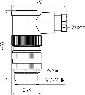 Dessin coté 7/8" Connecteur mâle coudé, Contacts: 4+PE, 6,0-8,0 mm, non blindé, pince à visser, IP67, UL 2238, VDE