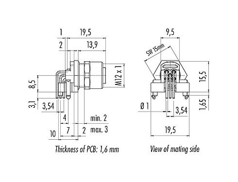 Dibujo a escala M12 Toma de ángulo brida, Número de contactos: 5, sin blindaje, THR, IP68, UL 2238, Montaje frontal, para montaje de PCB
