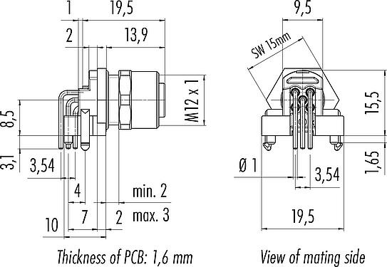Scale drawing M12 Female angled panel mount connector, Contacts: 5, unshielded, THR, IP68, UL 2238, Front mounting, for PCB assembly