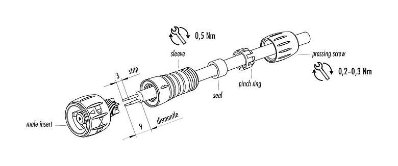 Instructions de montage 99 0759 010 05 - Baïonnette Connecteur mâle, Contacts: 5, 3,0-5,0 mm, souder, IP67