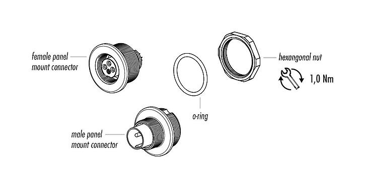 Component part drawing M9 Female panel mount connector, Contacts: 7, unshielded, solder, IP67, M12x0.5, Front mounting