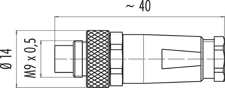 Dibujo a escala M9 Conector de cable macho, Número de contactos: 4, 3,5-5,0 mm, blindable, soldadura, IP67, con puño protector