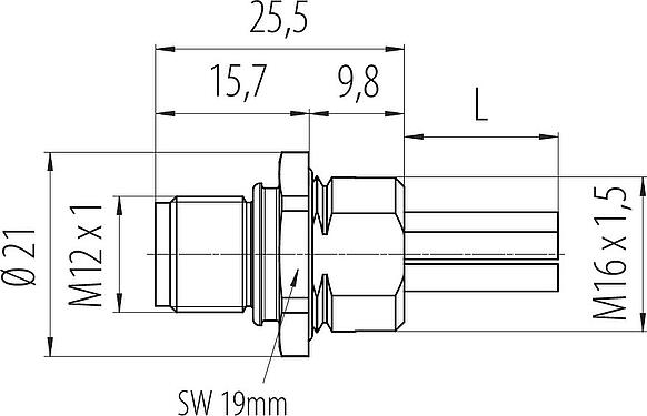 Dibujo a escala M12 Enchufe de brida, Número de contactos: 4+PE, sin blindaje, hilos, IP68, M16x1,5, Montaje frontal, UL 2237 en preparación, moldeado