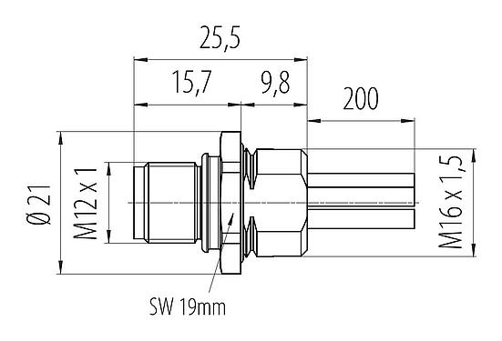 Scale drawing 09 0701 37 05 - M12 Male panel mount connector, Contacts: 4+PE, unshielded, single wires, IP68, M16x1.5, UL in preparation