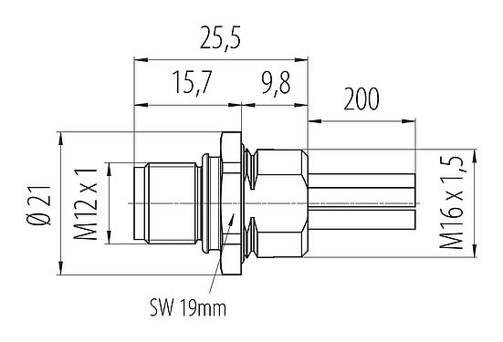 Dibujo a escala M12 Enchufe de brida, Número de contactos: 4+PE, sin blindaje, hilos, IP68, M16x1,5, Montaje frontal, UL 2237 en preparación, moldeado