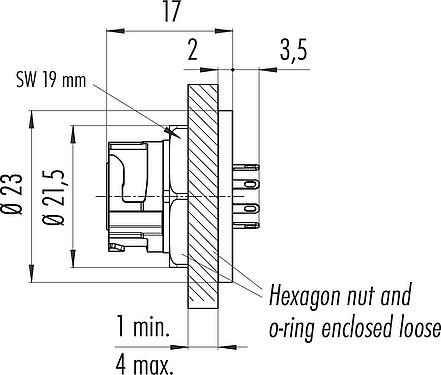 Scale drawing Bayonet Female panel mount connector, Contacts: 8, unshielded, solder, IP67 (when unplugged as well), Rear mounting