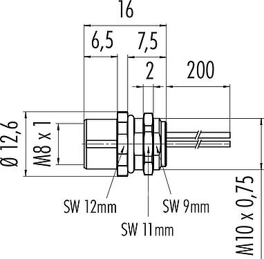Scale drawing M8 Female panel mount connector, Contacts: 3, unshielded, single wires, IP67, UL 2238, M10x0.75, Front mounting, potted