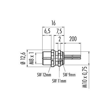 Scale drawing 09 3418 00 03 - M8 Female panel mount connector, Contacts: 3, unshielded, single wires, IP67, M10x0.75