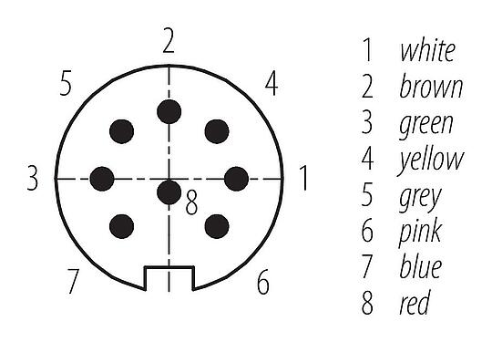 Disposition des contacts (Côté plug-in) M16 Connecteur mâle, Contacts: 8, non blindé, surmoulé sur le câble, IP67, PUR, noir, 8 x 0,25 mm², 5 m