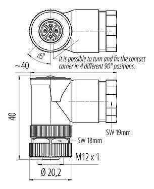 Dessin coté M12 Connecteur duo - connecteur d‘angle femelle, Contacts: 4, 2.1-3.0 mm (2 câble) ou 4-5 mm (2 câble), non blindé, pince à visser, IP67