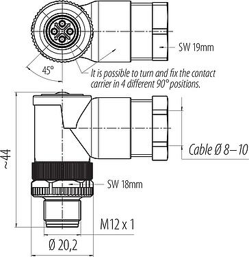 Dibujo a escala M12 Conector macho en ángulo, Número de contactos: 3+PE, 8,0-10,0 mm, sin blindaje, tornillo extraíble, IP67, UL 2238, VDE