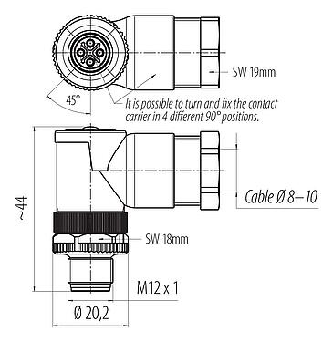 Dibujo a escala M12 Conector macho en ángulo, Número de contactos: 3+PE, 8,0-10,0 mm, sin blindaje, tornillo extraíble, IP67, UL 2238, VDE
