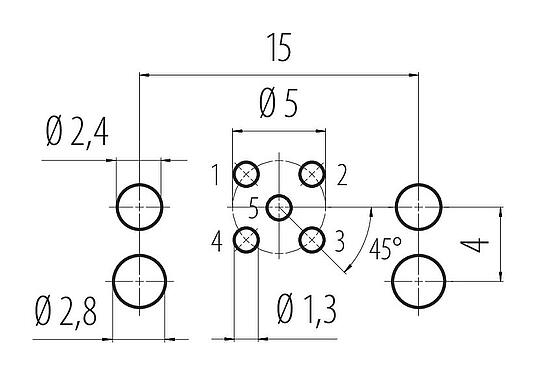 Disposición del conductor M12 Toma de ángulo brida, Número de contactos: 5, sin blindaje, THR, IP68, UL 2238, Montaje frontal, para montaje de PCB