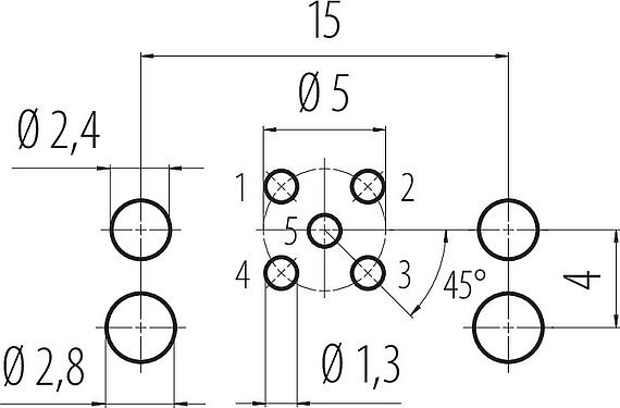 Conductor layout M12 Female angled panel mount connector, Contacts: 5, unshielded, THR, IP68, UL 2238, Front mounting, for PCB assembly