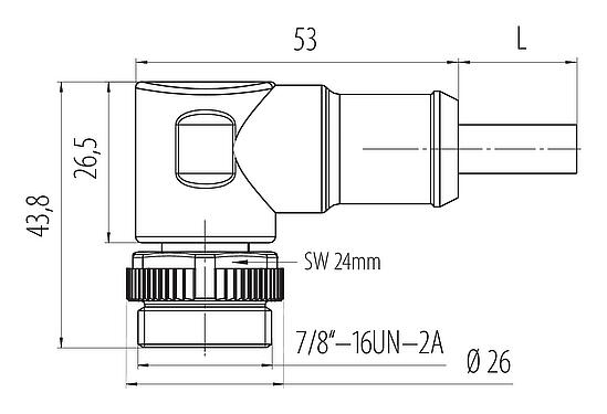 Dessin coté 7/8" Connecteur mâle coudé, Contacts: 5, non blindé, surmoulé sur le câble, IP68, UL 2238, PUR, noir, 5 x 1,50 mm², 2 m