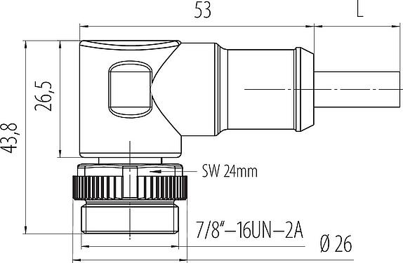 Dessin coté 7/8" Connecteur mâle coudé, Contacts: 3, non blindé, surmoulé sur le câble, IP68, UL 2238, PUR, noir, 3 x 1,50 mm², 5 m
