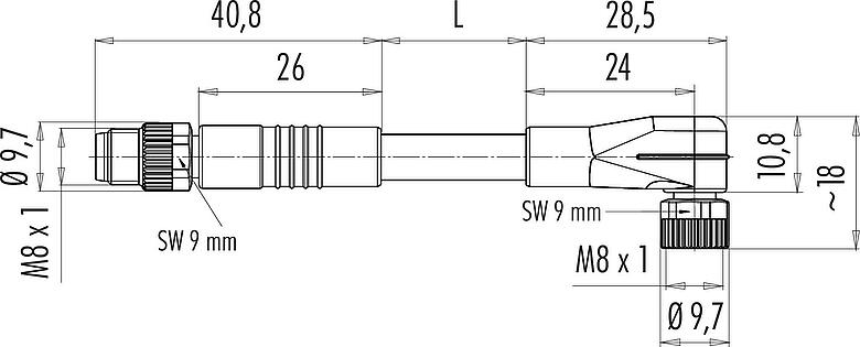 Scale drawing M8 Connecting cable male cable connector - female angled connector, Contacts: 3, unshielded, moulded on the cable, IP67/IP69K, UL 2238, PUR, black, 3 x 0.34 mm², 2 m