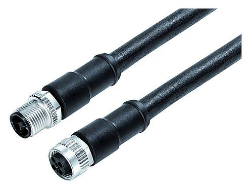 Ilustración M12 Cable de conexión conector de cable macho - conector de cable hembra, Número de contactos: 4, sin blindaje, moldeado en el cable, IP68, UL 2238, PUR, negro, 4 x 1,50 mm², 5 m