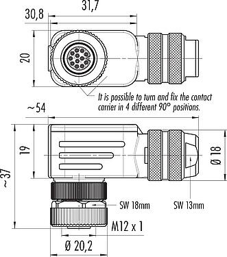 Scale drawing M12 Female angled connector, Contacts: 12, 6.0-8.0 mm, shieldable, solder, IP67, UL 2238, with shielding ring