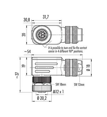 Dibujo a escala M12 Conector hembra en ángulo, Número de contactos: 12, 6,0-8,0 mm, blindable, soldadura, IP67, UL 2238, con anillo de protección