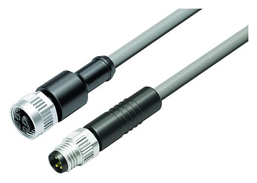 Illustration M12/M8 Connecteur mâle - connecteur femelle, Contacts: 4, non blindé, surmoulé sur le câble, IP67/IP69K, UL 2238, PVC, gris, 4 x 0,34 mm², 0,6 m