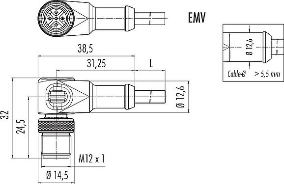 Scale drawing M12 Male angled connector, Contacts: 3, shielded, moulded on the cable, IP67, UL 2238, PUR, black, 3 x 0.34 mm², 2 m
