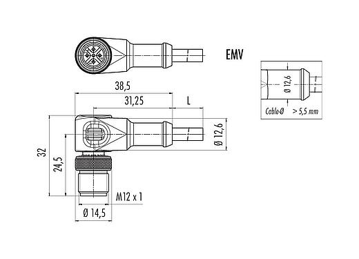 Dessin coté M12 Connecteur mâle coudé, Contacts: 8, blindé, surmoulé sur le câble, IP67, UL 2238, PVC, gris, 8 x 0,25 mm², 5 m