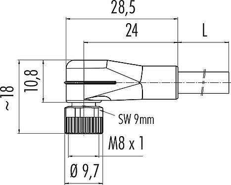 Dessin coté M8 Connecteur femelle coudé, Contacts: 3, non blindé, surmoulé sur le câble, IP67/IP69K, UL 2238, PUR, noir, 3 x 0,34 mm², avec LED, PNP, 5 m