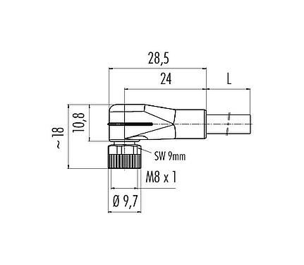 Dibujo a escala M8 Conector hembra en ángulo, Número de contactos: 3, sin blindaje, moldeado en el cable, IP67/IP69K, UL 2238, PUR, negro, 3 x 0,34 mm², con LED PNP, 2 m