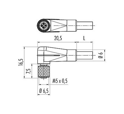 Dessin coté M5 Connecteur femelle coudé, Contacts: 4, non blindé, surmoulé sur le câble, IP67, UL 2238, M5x0,5, PUR, noir, 4 x 0,25 mm², 5 m