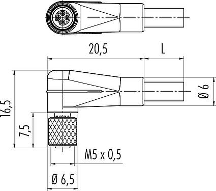 Scale drawing M5 Female angled connector, Contacts: 3, unshielded, moulded on the cable, IP67, UL 2238, M5x0.5, PUR, black, 3 x 0.14 mm², 2 m