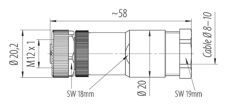 Dibujo a escala M12 Conector de cable hembra, Número de contactos: 4, 8,0-10,0 mm, sin blindaje, tornillo extraíble, IP67, UL 2238, VDE