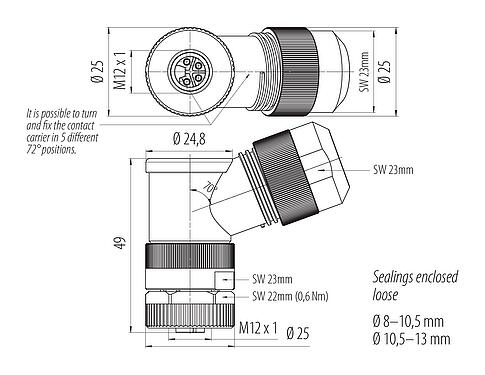 Dibujo a escala M12 Conector hembra en ángulo, Número de contactos: 4, 8,0-13,0 mm, sin blindaje, tornillo extraíble, IP67, UL 2238, M12x1,0, para la fuente de alimentación (potencia)