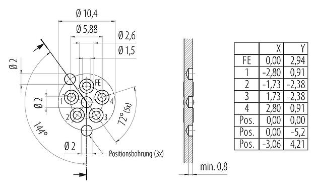Disposición del conductor 99 0641 20 05 - M12 Enchufe de brida, Número de contactos: 4+FE, sin blindaje, THR, IP67, UL 2238, M16x1,5, Montaje frontal