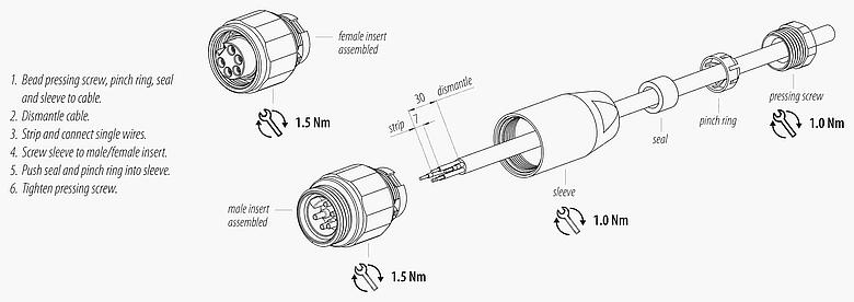 Instrucción de montaje 7/8" Conector de cable macho, Número de contactos: 4+PE, 6,0-8,0 mm, sin blindaje, tornillo extraíble, IP67, UL 2238, VDE