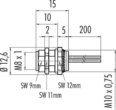 Scale drawing M8 Female panel mount connector, Contacts: 6, unshielded, single wires, IP67/IP69K, UL 2238, M10x0.75, Rear mounting, potted