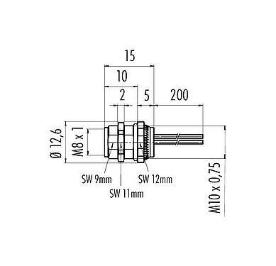 Scale drawing M8 Female panel mount connector, Contacts: 8, unshielded, single wires, IP67/IP69K, UL 2238, M10x0.75, Rear mounting, potted