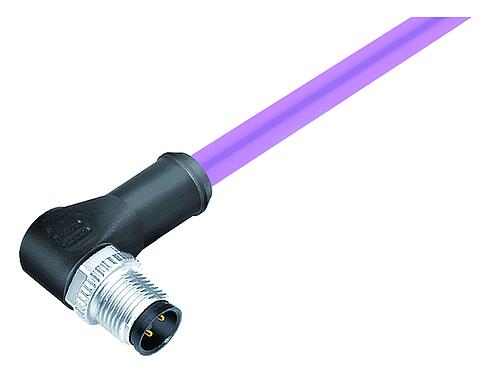 Illustration M12 Male angled connector, Contacts: 5, shielded, moulded on the cable, IP68, UL 2238, CAN-Bus, PUR, violet, 1 x 2 x AWG 22 + 1 x 2 x AWG 24, 2 m