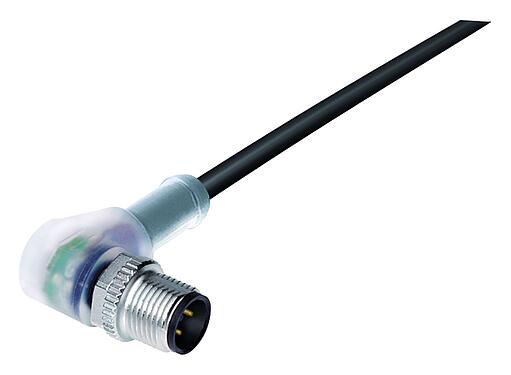 Illustration M12 Male angled connector, Contacts: 4, unshielded, moulded on the cable, IP68/IP69K, UL 2238, PUR, black, 4 x 0.34 mm², with LED PNP closer, 2 m