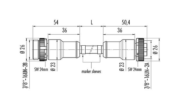 Dibujo a escala 7/8" Cable de conexión conector de cable macho - conector de cable hembra, Número de contactos: 4+PE, sin blindaje, moldeado en el cable, IP68, UL 2238, PUR, negro, 5 x 1,50 mm², 10 m