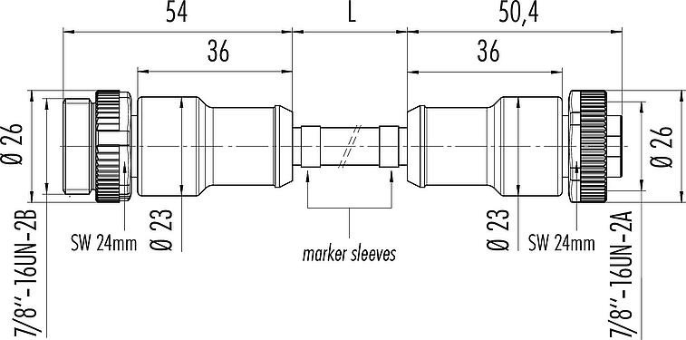Dibujo a escala 7/8" Cable de conexión conector de cable macho - conector de cable hembra, Número de contactos: 4+PE, sin blindaje, moldeado en el cable, IP68, UL 2238, PUR, negro, 5 x 1,50 mm², 2 m