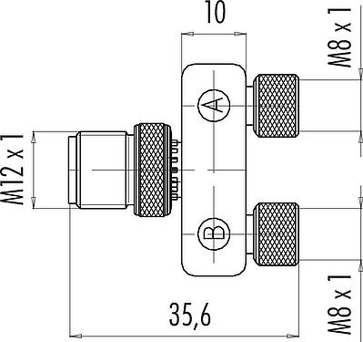 Dibujo a escala M12/M8 Distribuidor doble, distribuidor de Y, macho - 2 tomas, Número de contactos: 4/3, sin blindaje, enchufable, IP68, UL 2238