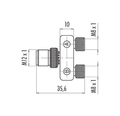 Dessin coté M12/M8 Répartiteur double, Y-distributeur, mâle - 2 femelle, Contacts: 4/3, non blindé, enfichable, IP68, UL 2238