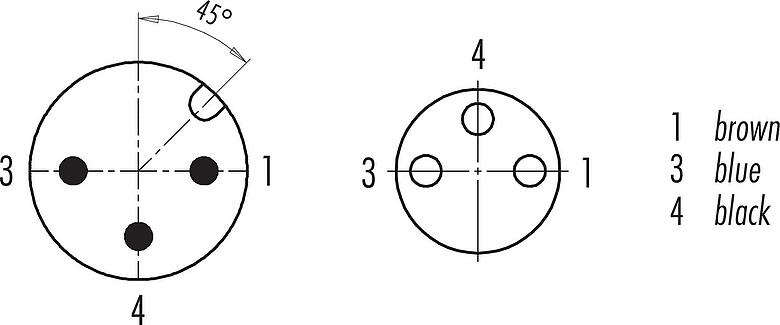 Disposition des contacts (Côté plug-in) M12/M8 Connecteur mâle - connecteur femelle, Contacts: 3, non blindé, surmoulé sur le câble, IP67/IP69K, UL 2238, PUR, noir, 3 x 0,34 mm², 2 m