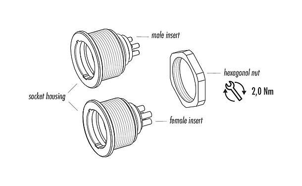 Dessin des composants Push Pull Embase mâle, Contacts: 19, non blindé, souder, IP67, M21x1,0, Montage frontal