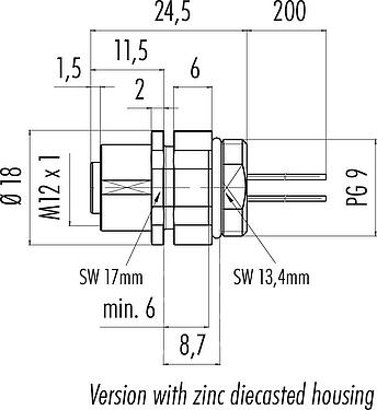 Dibujo a escala M12 Toma de brida, Número de contactos: 4, sin blindaje, hilos, IP68/IP69K, UL 2238, PG 9, Montaje frontal, Alineación de codificación posicionable