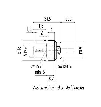 Dessin coté M12 Embase femelle, Contacts: 4, non blindé, fils, IP68, UL 2238, PG 9, Montage frontal