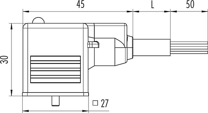 Dessin coté Douille d'électrovanne, Contacts: 2+2PE, non blindé, surmoulé sur le câble, IP67, PUR, noir, Circuit Z20, avec LED, PNP, 5 m